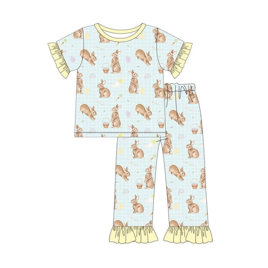 (Pre-order)GSPO2216 Bunny Plaid Print Girls Easter Pajamas Clothes Set