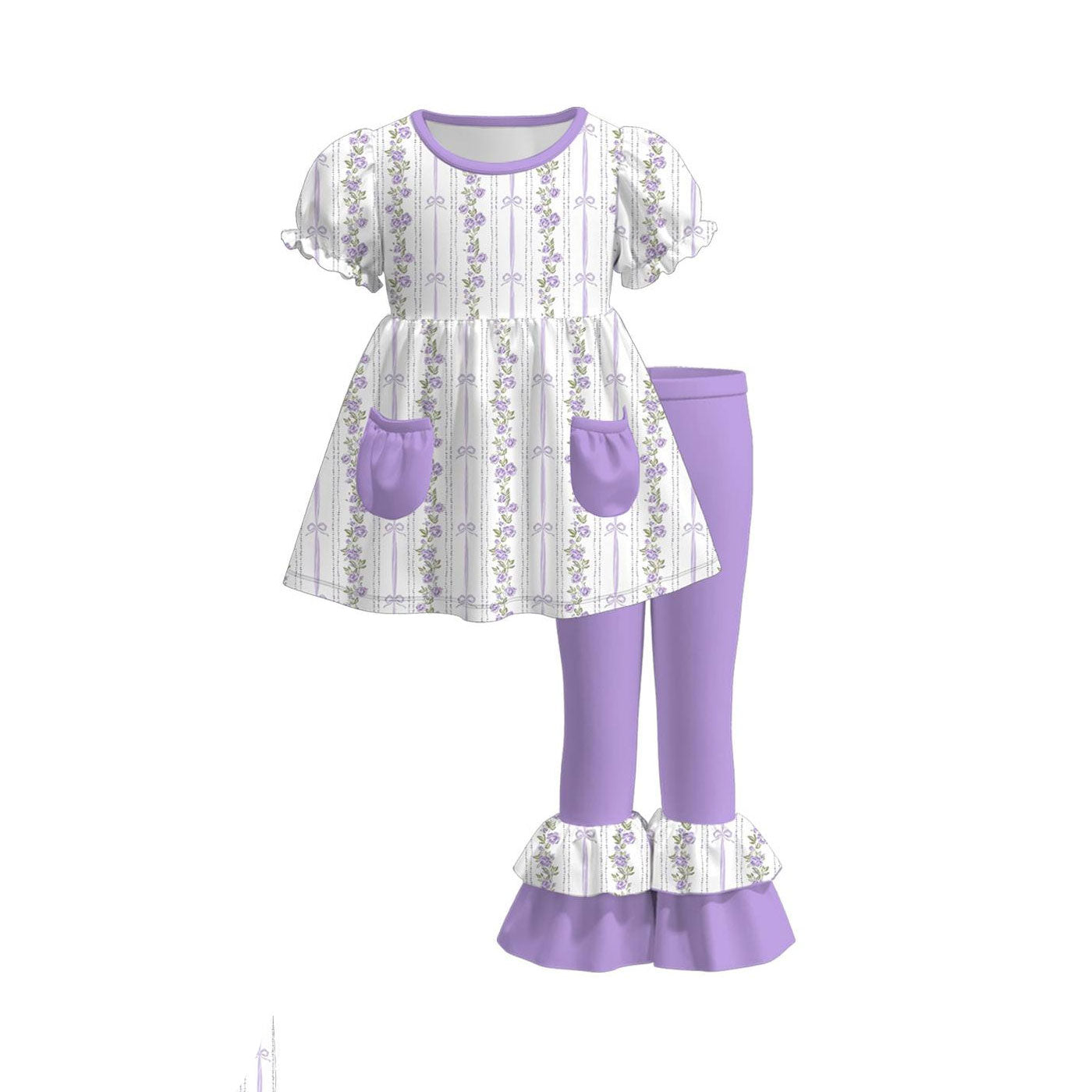 (Pre-order)GSPO2220 Small Flowers Bows Pockets Tunic Top Purple Ruffle Pants Girls Clothes Set