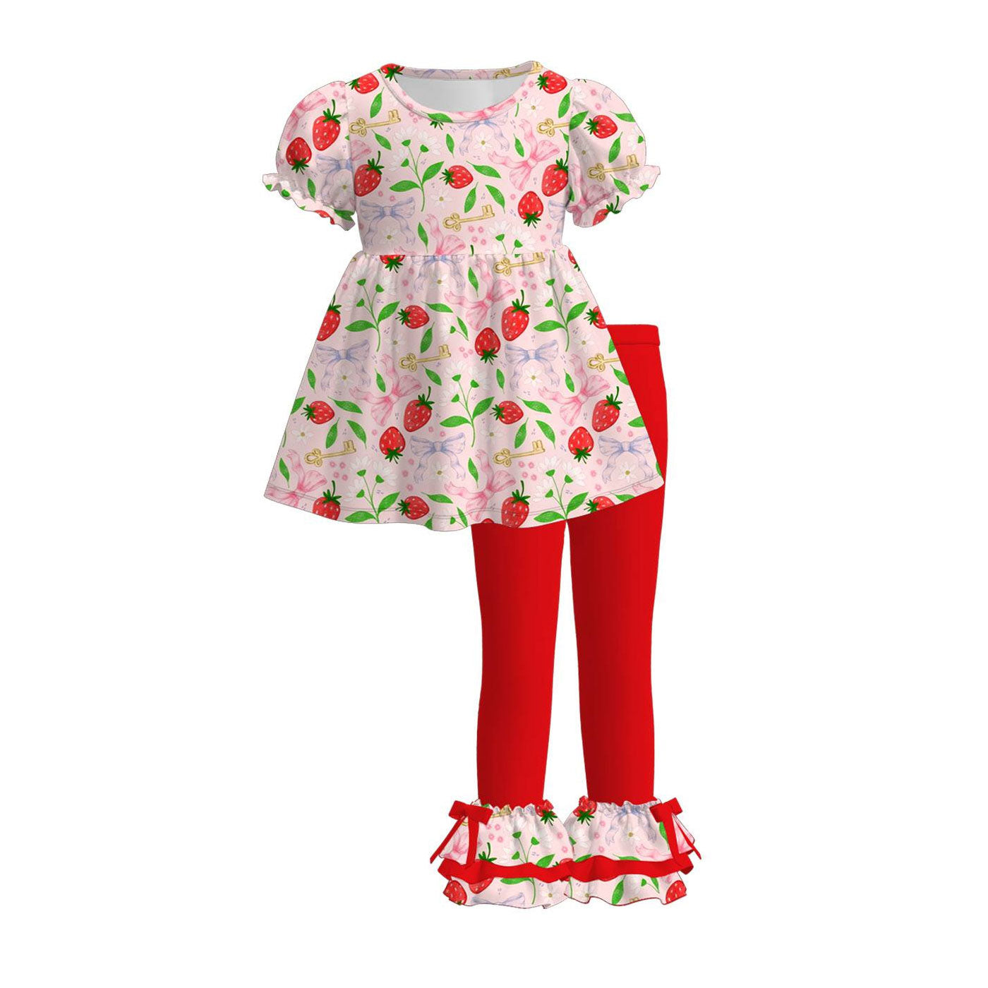 (Pre-order)GSPO2222 Strawberry Flowers Bows Tunic Top Red Ruffle Pants Girls Clothes Set