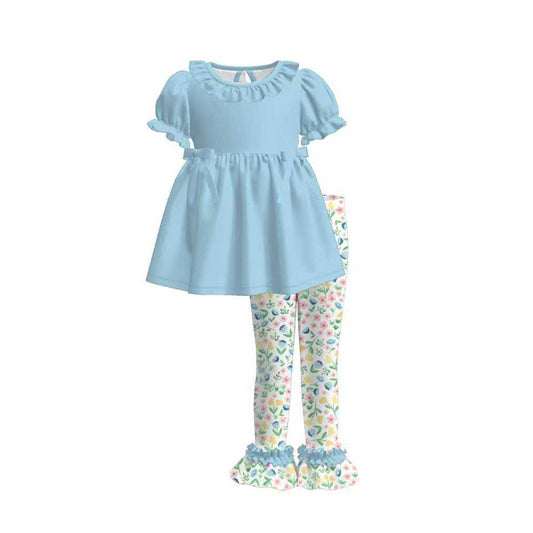 (Pre-order)GSPO2225 Blue Tunic Top Colorful Small Flowers Ruffle Pants Girls Clothes Set
