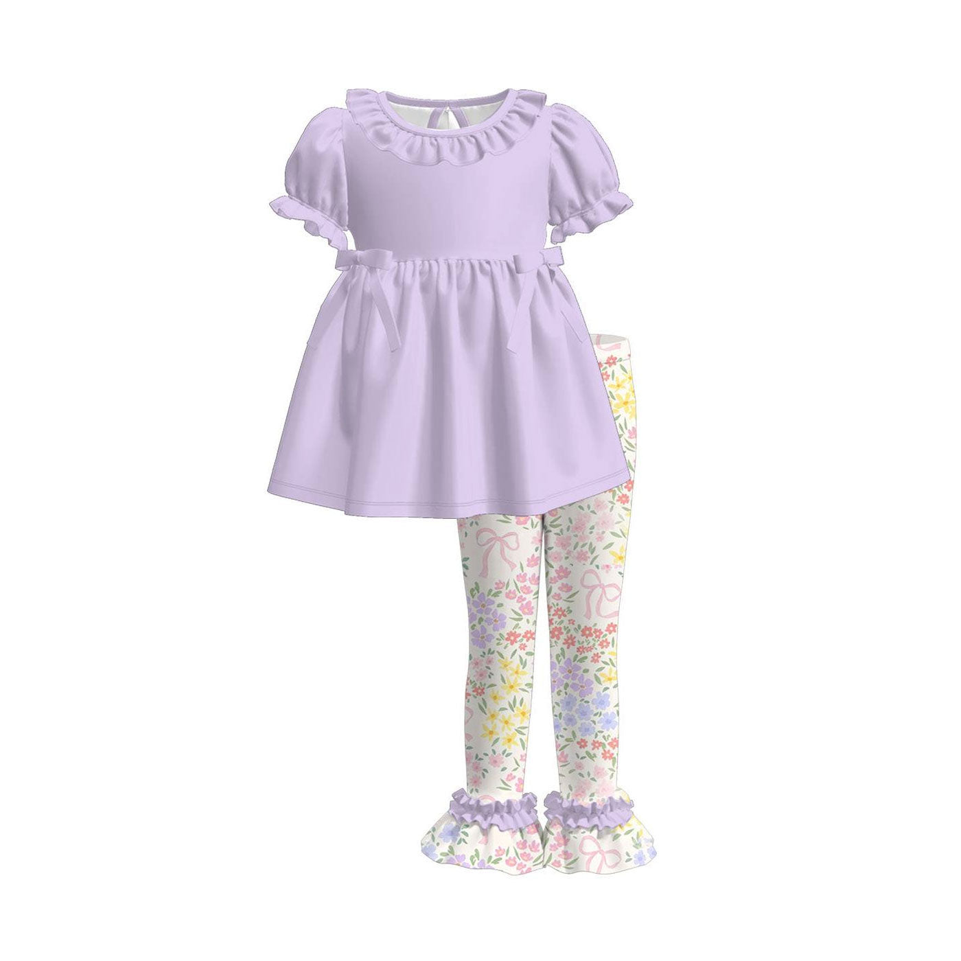 (Pre-order)GSPO2226 Purple Tunic Top Colorful Small Flowers Bows Ruffle Pants Girls Clothes Set