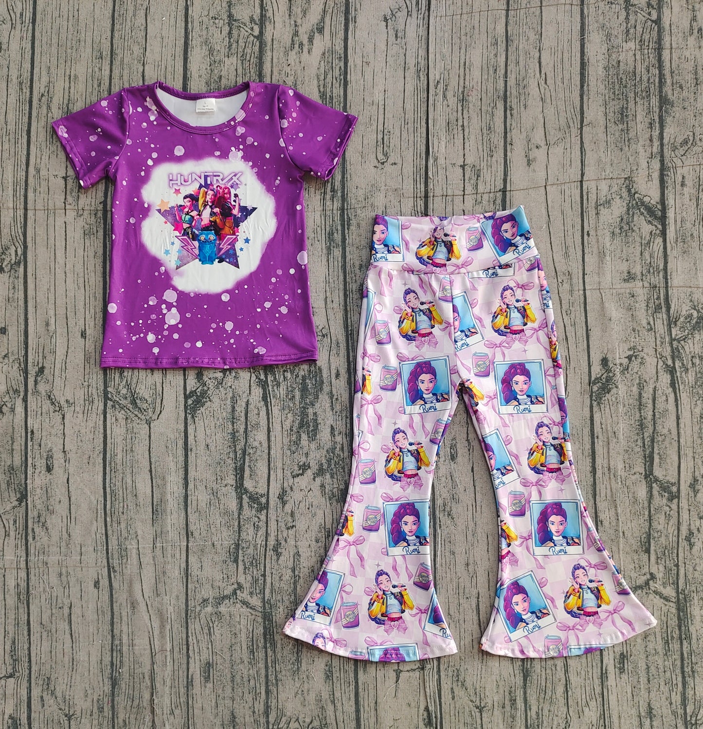 (Pre-order)GSPO2227 Cartoon Demon Movie Purple Bows Top Bell Pants Girls Clothes Set