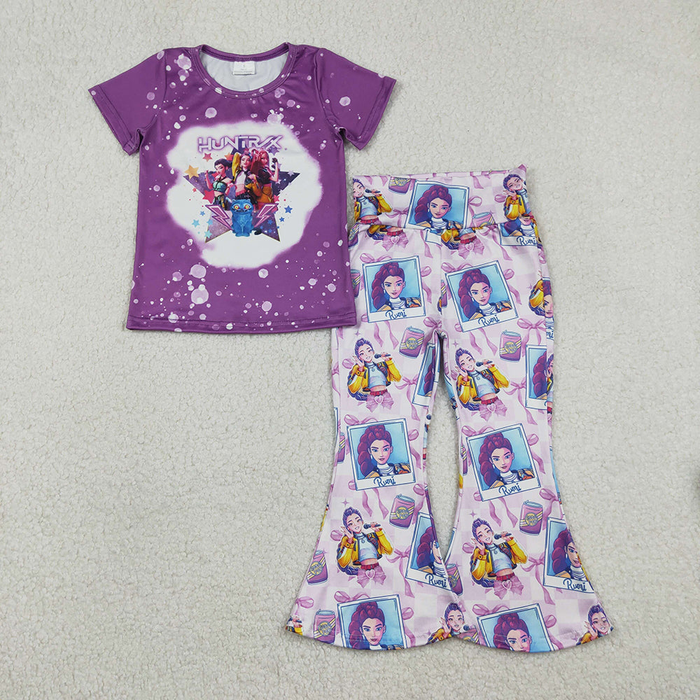 GSPO2227 Cartoon Demon Movie Purple Bows Top Bell Pants Girls Clothes Set