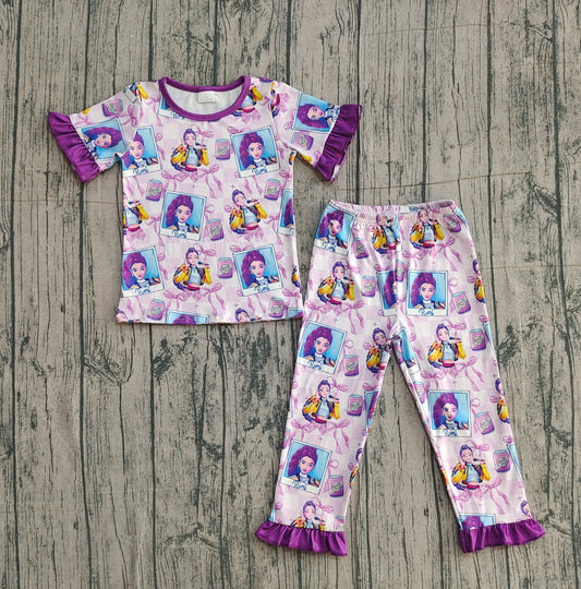 (Pre-order)GSPO2228 Cartoon Demon Movie Purple Bows Print Girls Pajamas Clothes Set