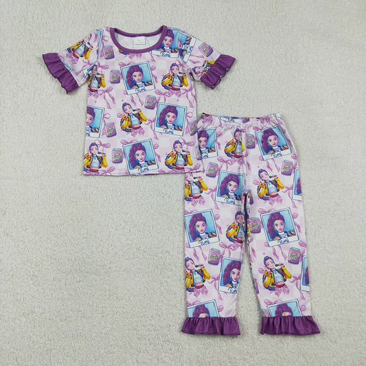 GSPO2228 Cartoon Demon Movie Purple Bows Print Girls Pajamas Clothes Set