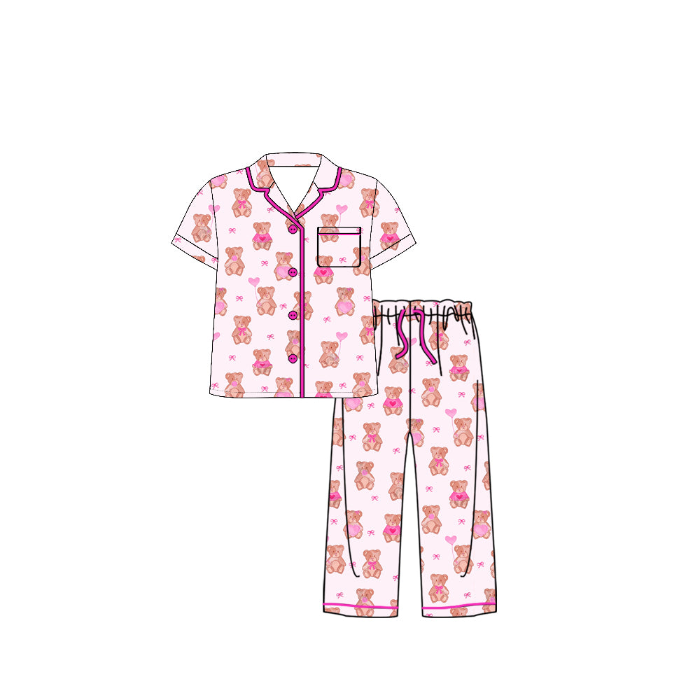 (Pre-order)GSPO2232  Adult Bear Heart Print Woman Valentine's Day Buttons Pajamas Clothes Set
