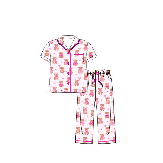 (Pre-order)GSPO2232  Adult Bear Heart Print Woman Valentine's Day Buttons Pajamas Clothes Set