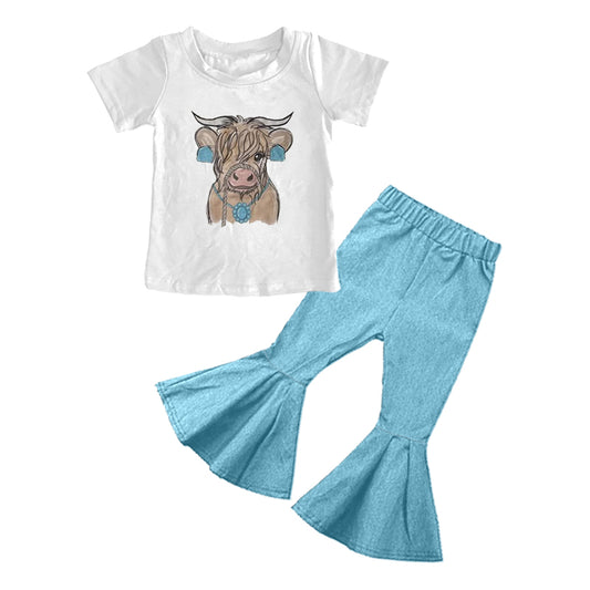 (Pre-order)GSPO2234 Highland Cow Top Blue Bell Pants Girls Western Clothes Set