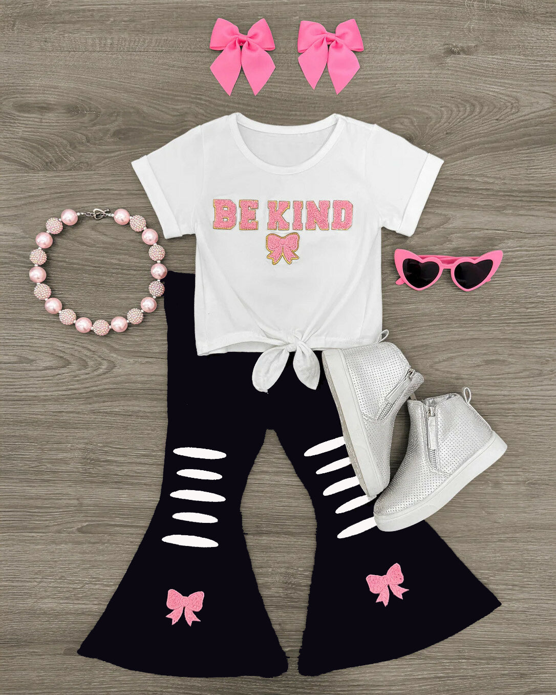 (Pre-order)GSPO2237  BE KIND Bow White Top Bell Pants Girls Clothes Set