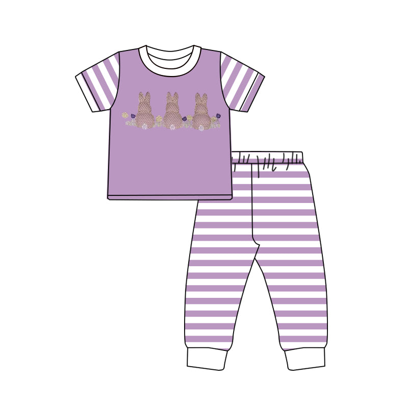 (Pre-order)GSPO2240  Bunny Purple Top Stripes Pants Girls Easter Clothes Set