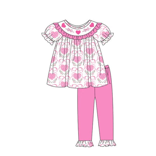 (Pre-order)GSPO2246  Hearts Flowers Tunic Top Pink Pants Girls Valentine's Day Clothes Set