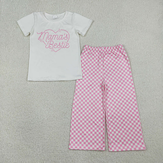 GSPO2249 MAMA'S BESTIE White Top Pink Plaid Pants Girls Valentine's Day Clothes Set