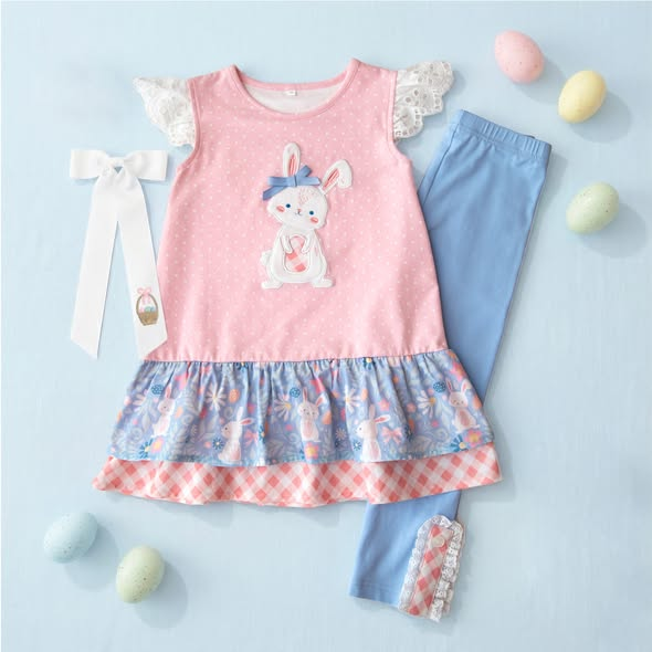 (Pre-order)GSPO2251 Bunny Dots Ruffle Top Blue Pants Girls Easter Clothes Set