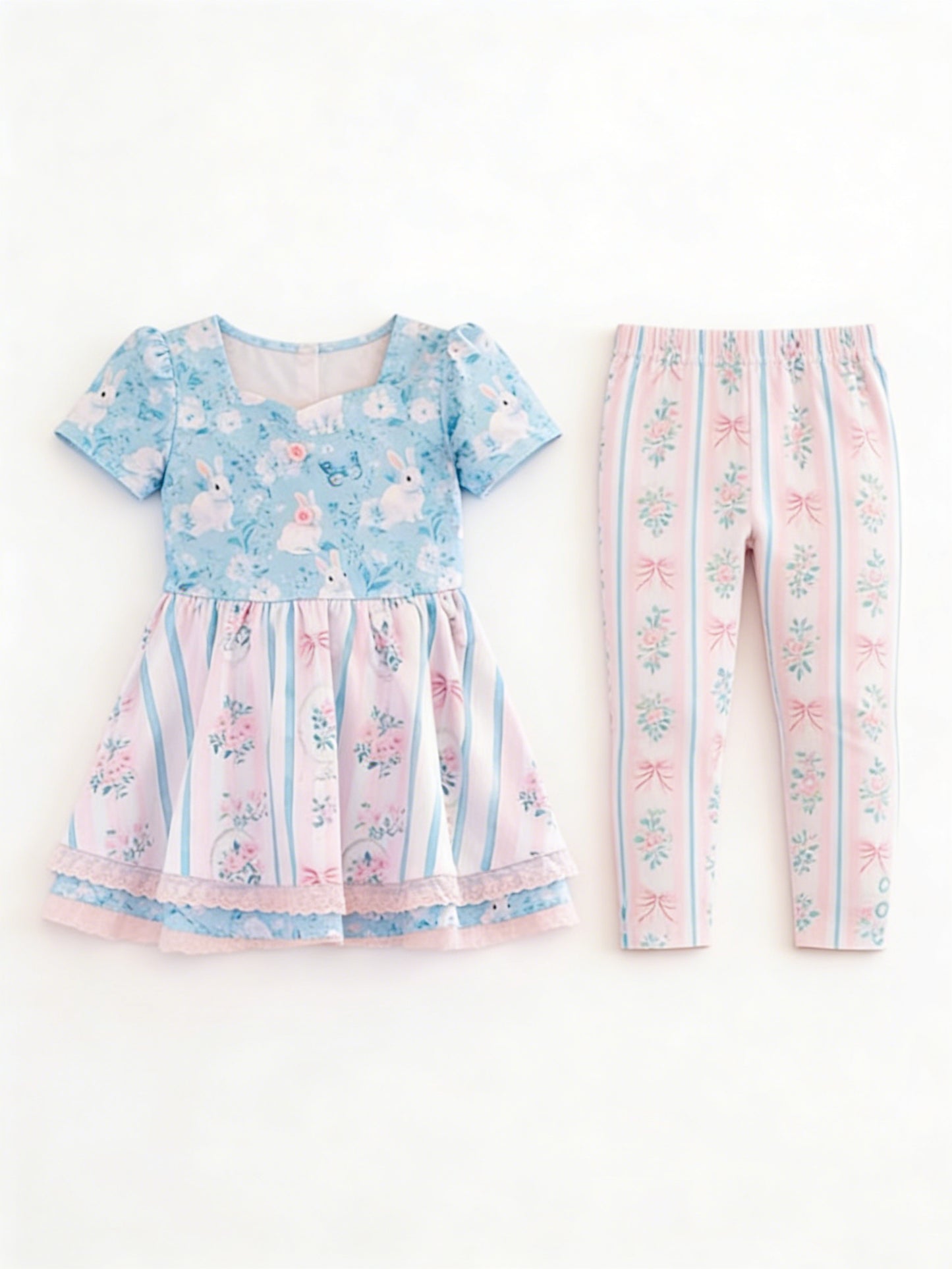 (Pre-order)GSPO2252 Bunny Ruffle Tunic Top Flowers Bows Pants Girls Easter Clothes Set