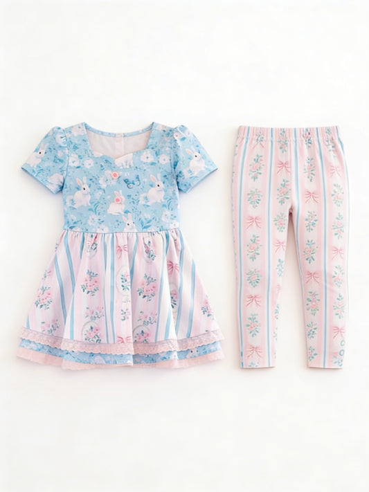 (Pre-order)GSPO2252 Bunny Ruffle Tunic Top Flowers Bows Pants Girls Easter Clothes Set