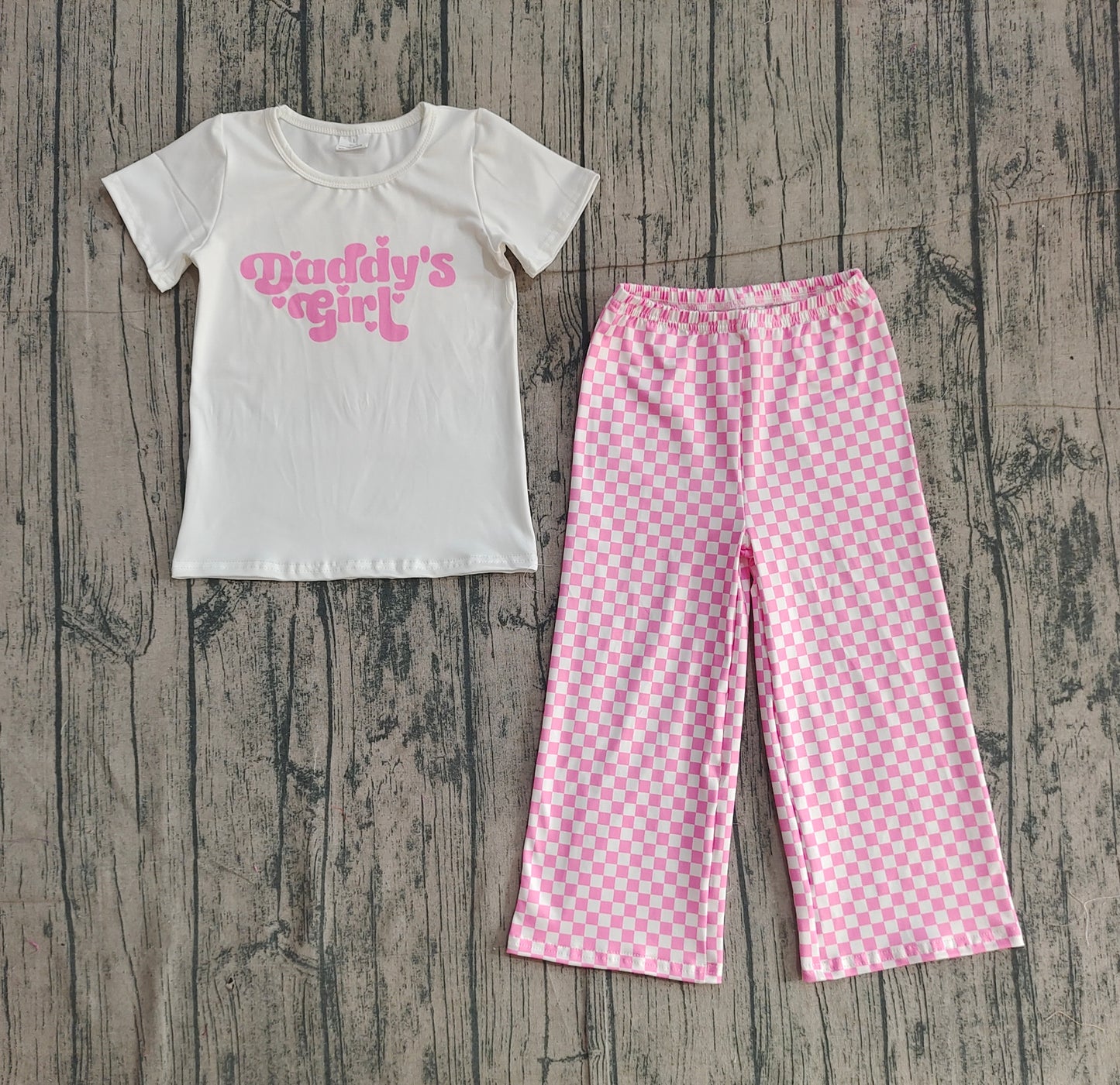(Pre-order)GSPO2257 Daddy's Girl Top Pink Plaid Pants Girls Clothes Set