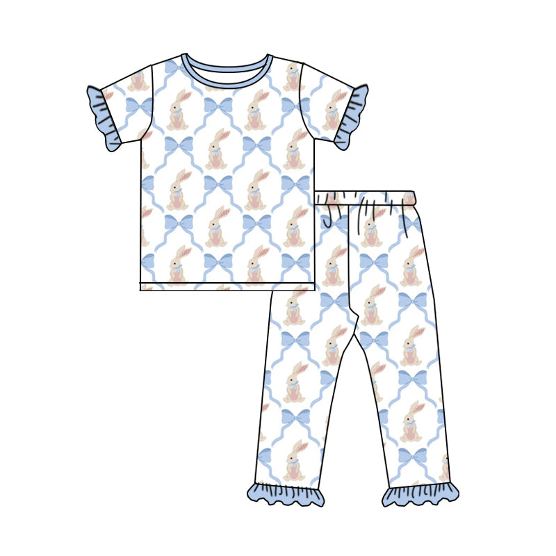 (Pre-order)GSPO2260 Bunny Bows Print Girls Easter Pajamas Clothes Set