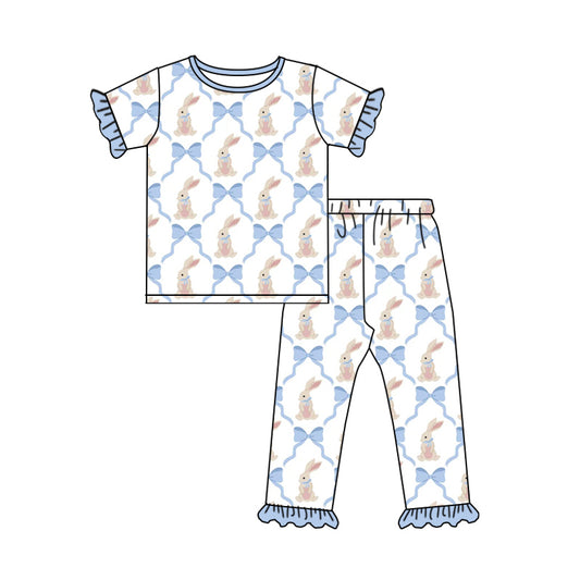(Pre-order)GSPO2260 Bunny Bows Print Girls Easter Pajamas Clothes Set