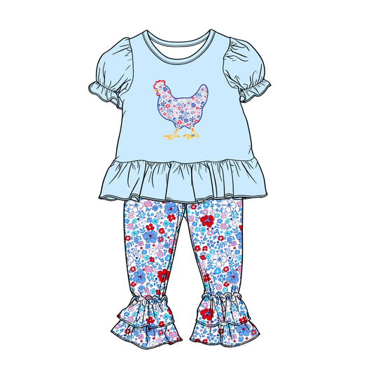 (Pre-order)GSPO2261 Chicken Blue Top Flowers Pants Girls 4th of July Clothes Set