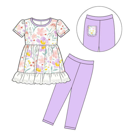 (Pre-order)GSPO2263 Flowers Tunic Top Purple Legging Pants Girls Clothes Set