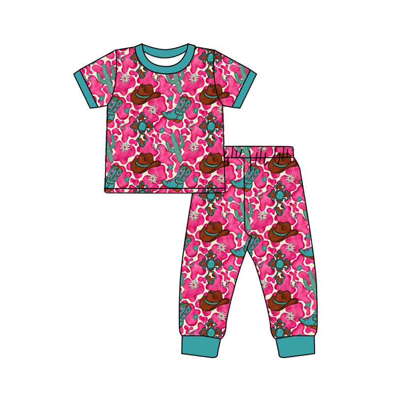 (Pre-order)GSPO2267 Cross Boots Hat Cactus Print Girls Easter Pajamas Clothes Set
