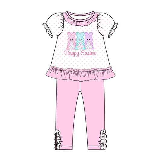 (Pre-order)GSPO2270  Bunny Dots Tunic Top Pink Pants Girls Easter Clothes Set
