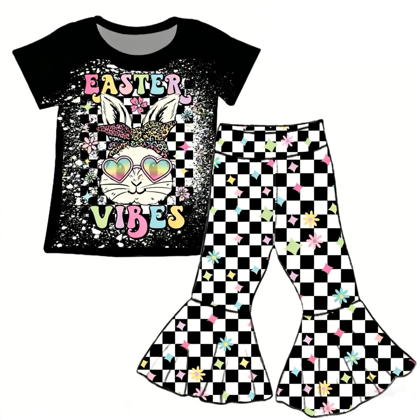 (Pre-order)GSPO2271  Bunny Top Black Plaid Bell Pants Girls Easter Clothes Set