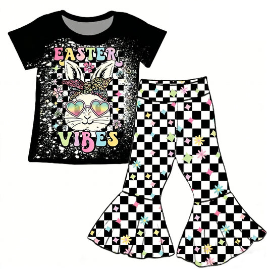 (Pre-order)GSPO2271  Bunny Top Black Plaid Bell Pants Girls Easter Clothes Set