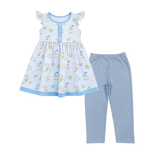 (Pre-order)GSPO2280  Goose Flowers Tunic Top Blue Pants Girls Clothes Set