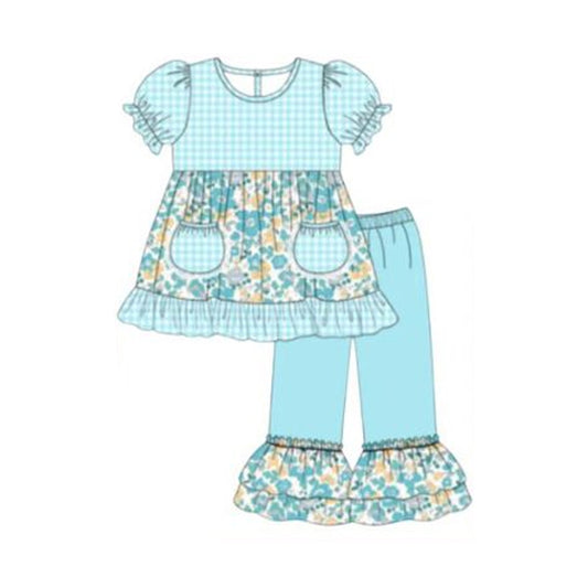 (Pre-order)GSPO2282  Flowers Pockets Tunic Top Ruffle Pants Girls Clothes Set