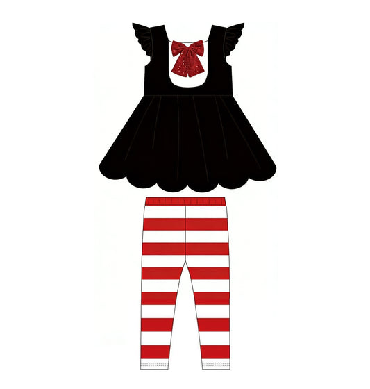 (Pre-order)GSPO2283  Black Tunic Top Stripes Pants Girls Clothes Set