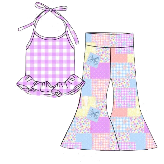 (Custom Design Preorder MOQ 5) Plaid Halter Top Flowers Bell Pants Girls Clothes Set
