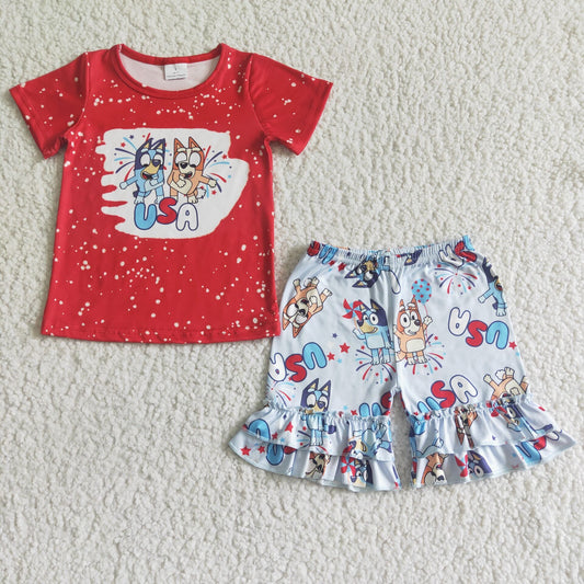 (Promotion)Girls cartoon dog print 4th of July outfits GSSO0053