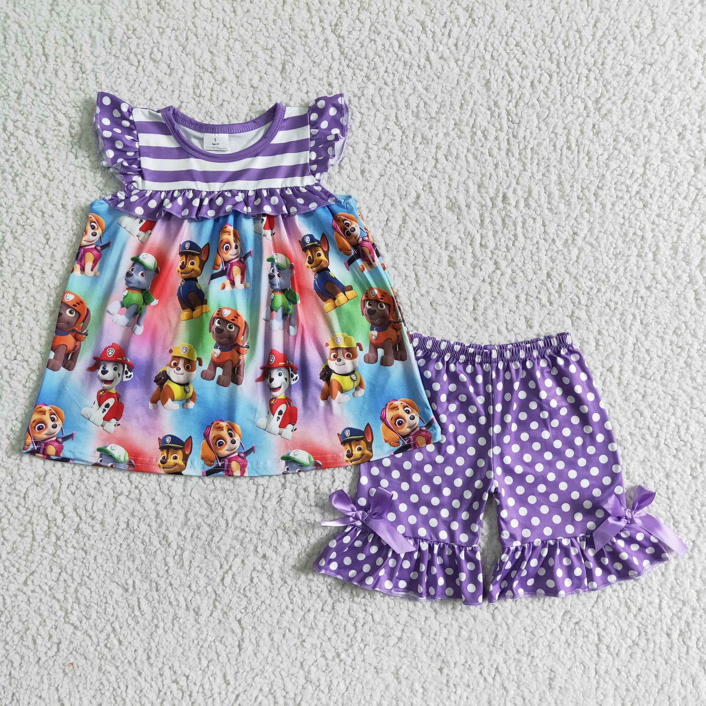 (Promotion)Cartoon Dog Top ruffles shorts girls summer outfits GSSO0060