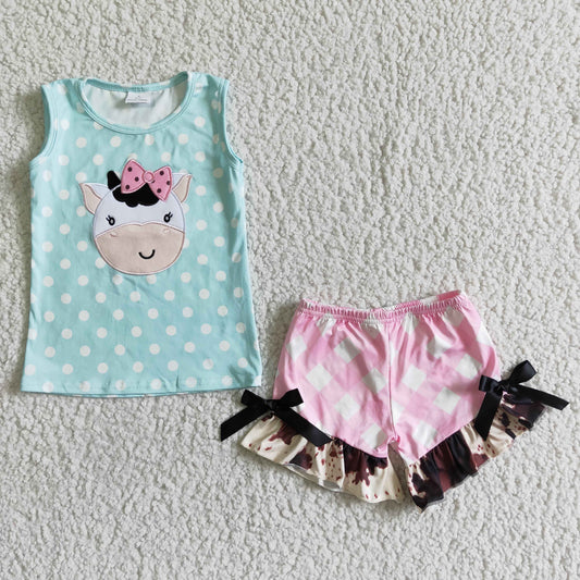 (Promotion)Girls summer cow print embroidery outfits   GSSO0088
