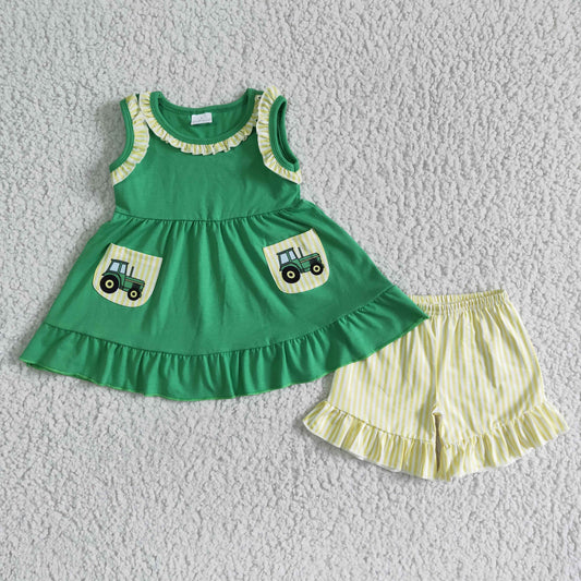 (Promotion)Sleeveless ruffles greeg cotton top Tractors print pockets shorts summer outfits GSSO0097
