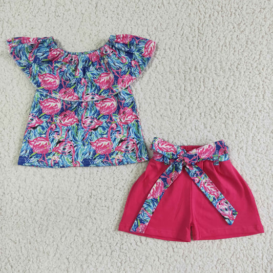 (Promotion)Girls summer flamingo print outfits GSSO0101