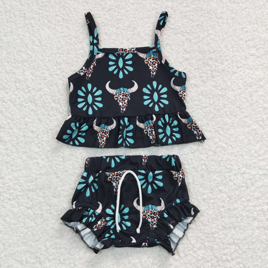 (Promotion)Baby girls turquoise cow skull print western bummie set GSSO0182