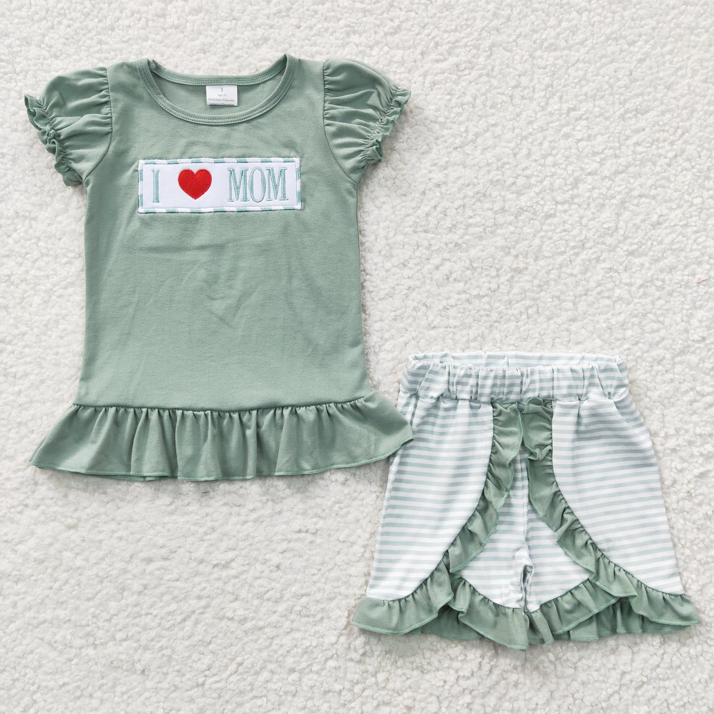 I LOVE MOM Embroidery Green Print Sibling Mother's Day Matching Clothes