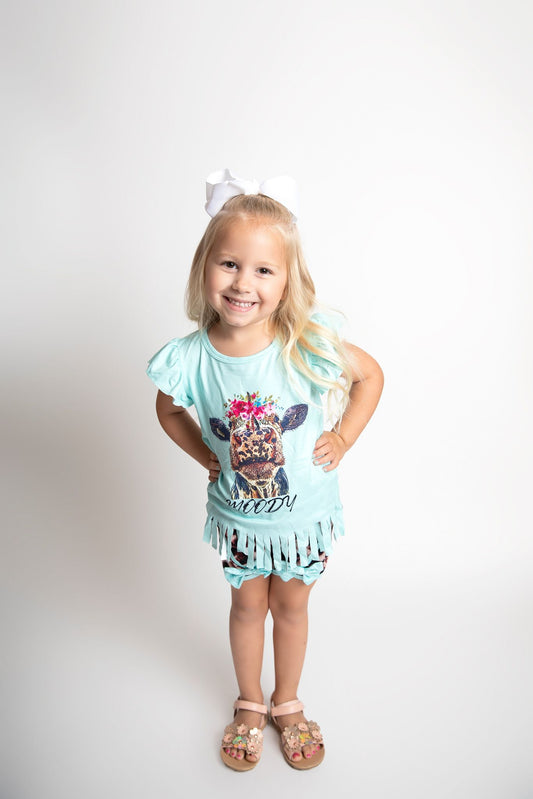 (Promotion)Girls MOODY tassels top cheetah print short summer outfit GSSO0197