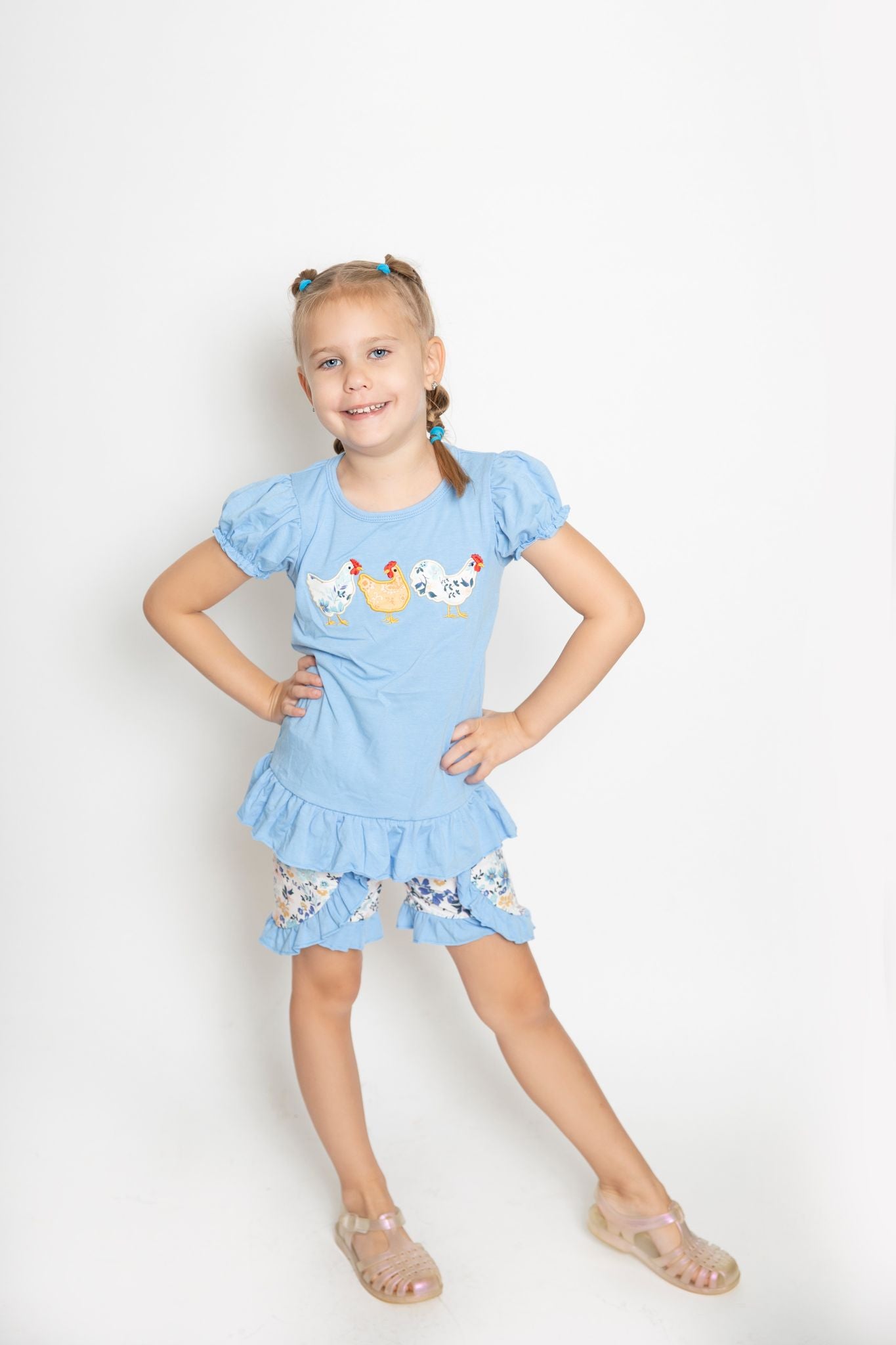 Girls blue floral chicken print summer outfits GSSO0211