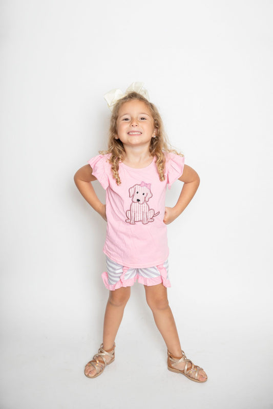 Girls pink dog print summer shorts outfits GSSO0223