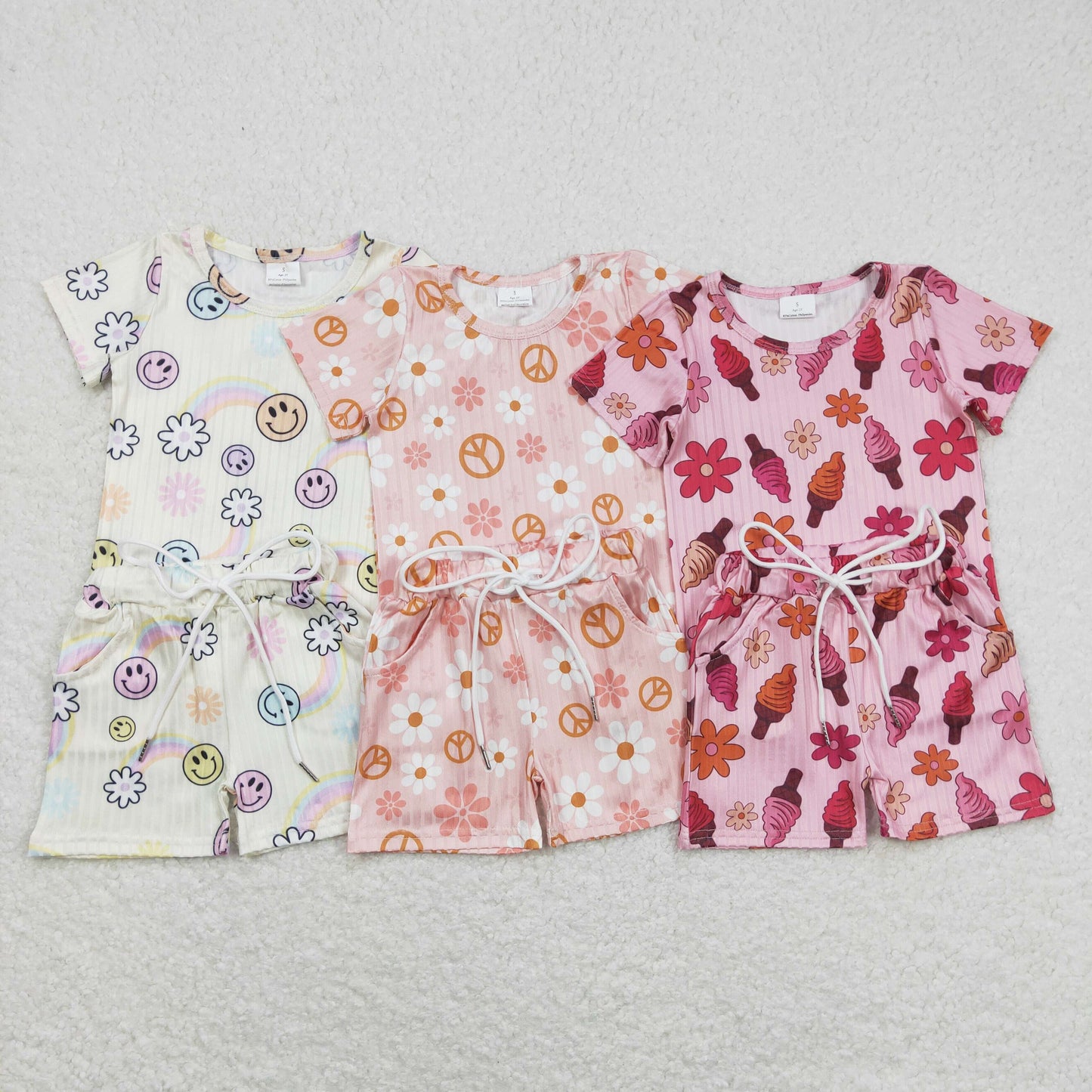 Flowers Print Pockets Girls Summer Ribbed Clothes Set Sisters Wear