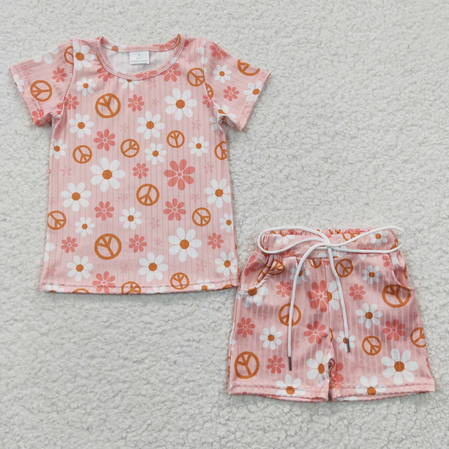 Flowers Print Pockets Girls Summer Ribbed Clothes Set Sisters Wear