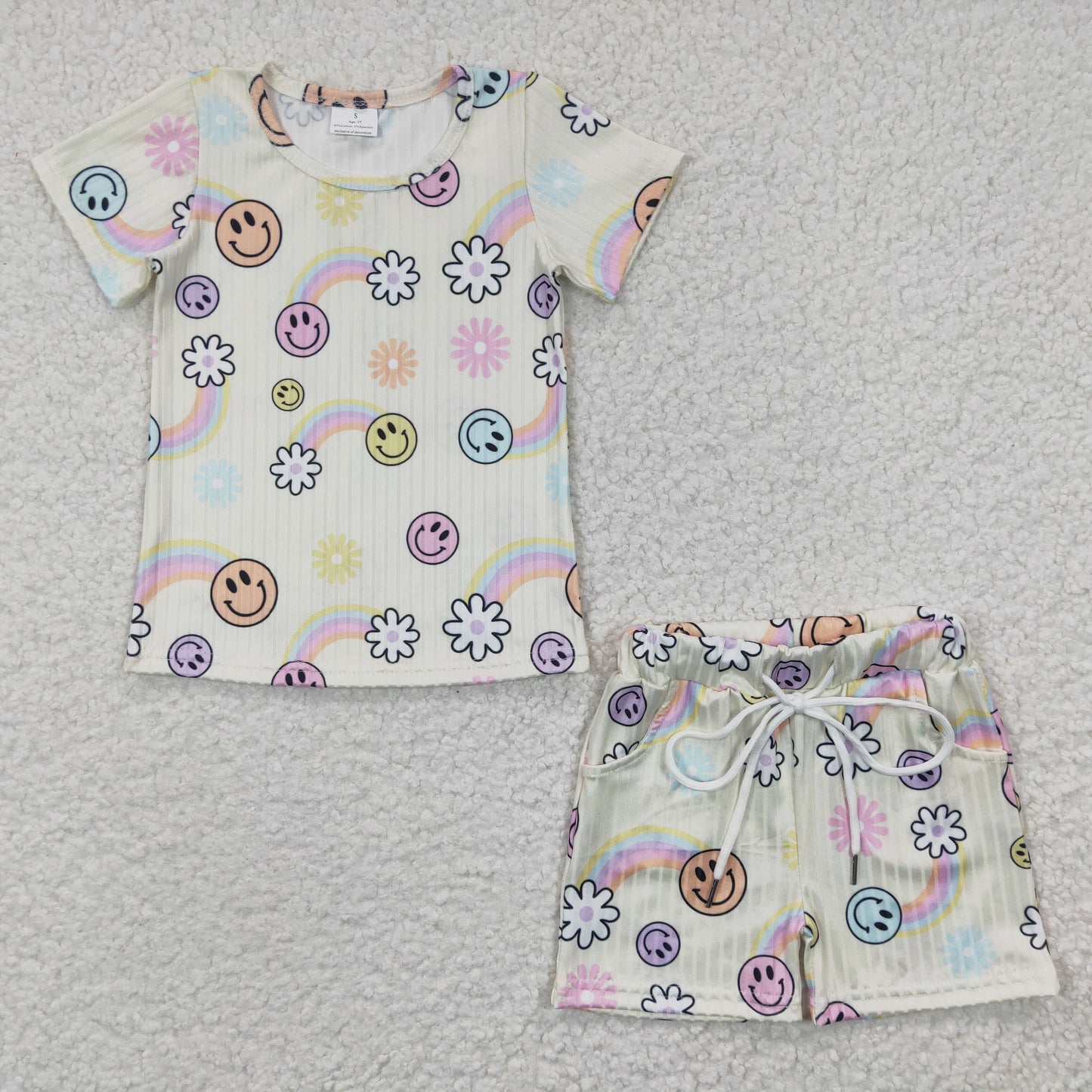 Flowers Print Pockets Girls Summer Ribbed Clothes Set Sisters Wear