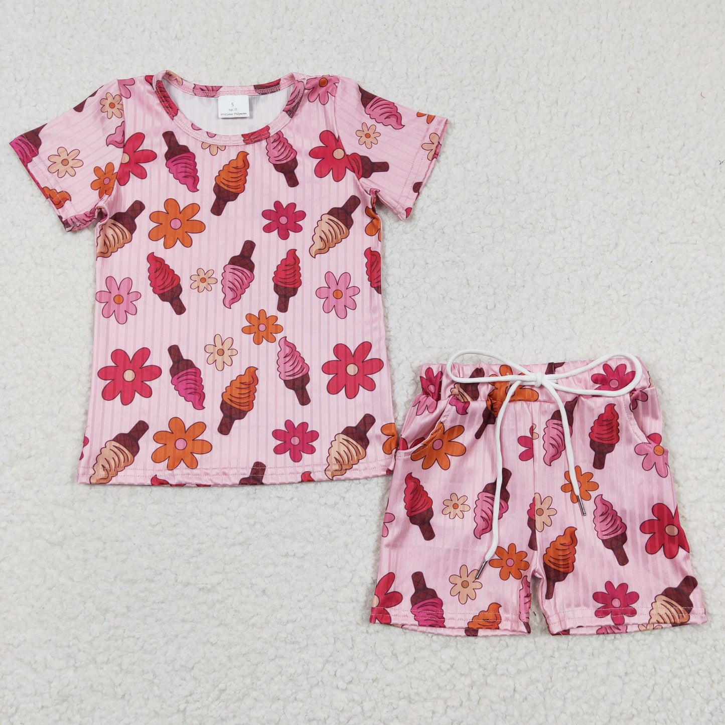 Flowers Print Pockets Girls Summer Ribbed Clothes Set Sisters Wear