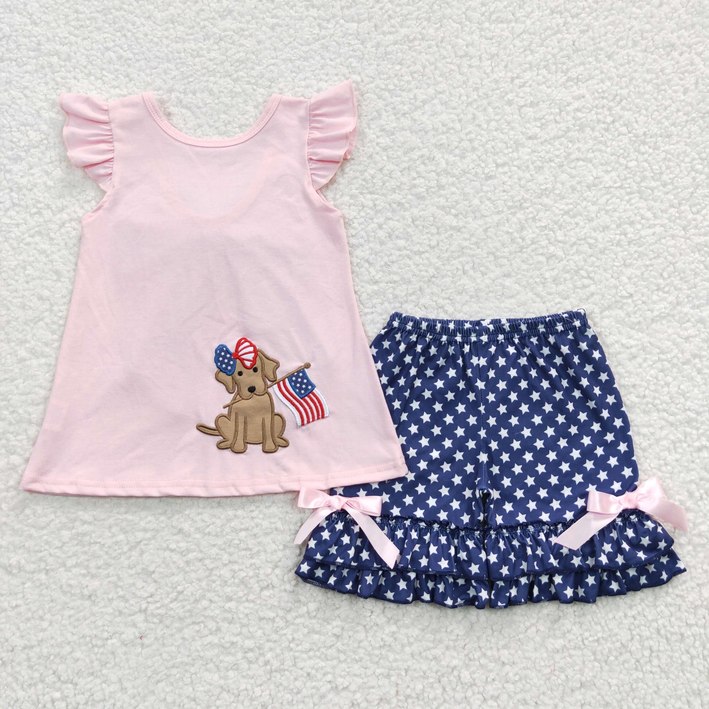 GSSO0236 Girls pink cotton dog flag embroidery top star shorts 4th of July clothes set