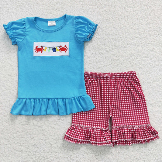 GSSO0274 Girls blue crab embroidery cotton top red plaid shorts summer outfits