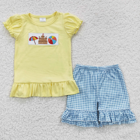 GSSO0276 Girls yellow cotton top blue plaid shorts summer outfits