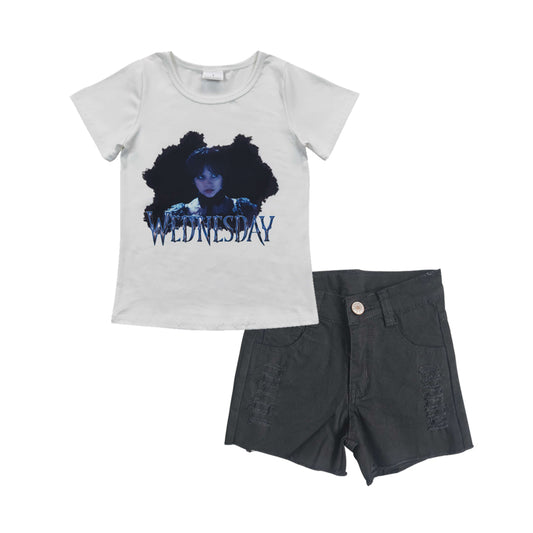 GSS00285 Girls Wednesday print top black denim girls summer outfits